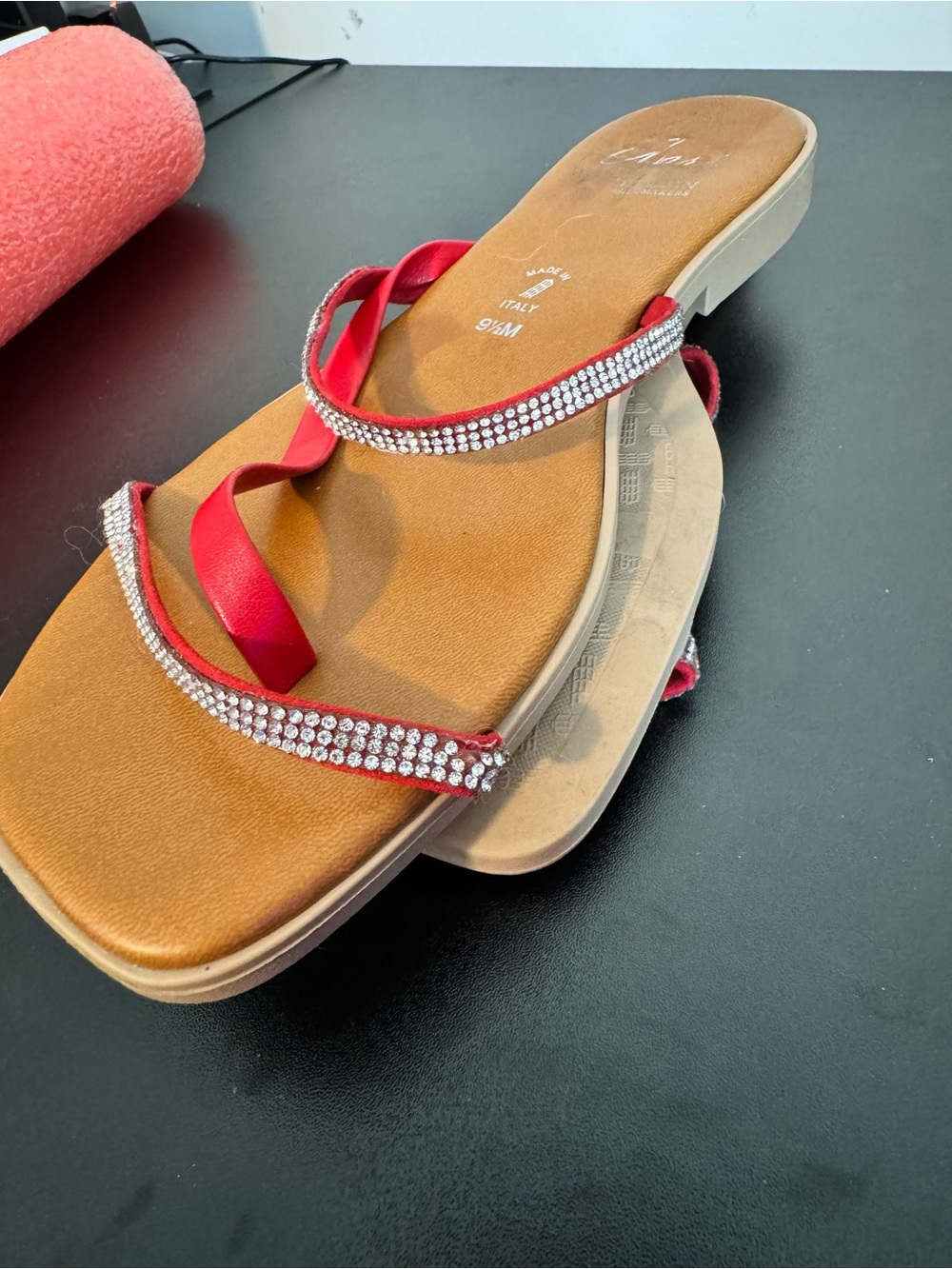 Apri Italian Red Satin Rhinestone Toe-Loop Sandals - Picture 4 of 4